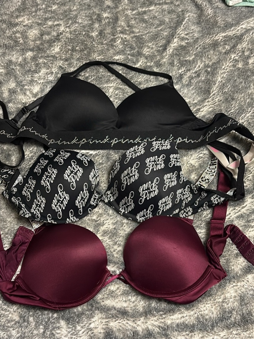 PINK Victoria's Secret Black Logo & Burgundy Satin Push-Up Bras (Set of 3)